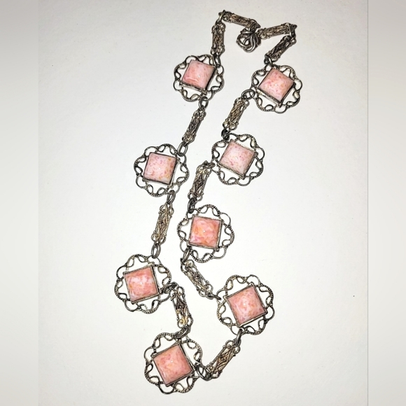 ANTIQUE ART NOUVEAU CORAL COLORED MARBLED GLASS & FILIGREE CHOKER NECKLACE - Picture 2 of 11